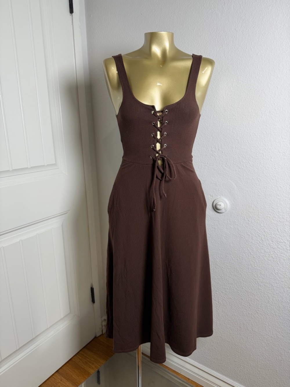 Reformation Brown Ribbed Lace-Up Midi Dress XS
